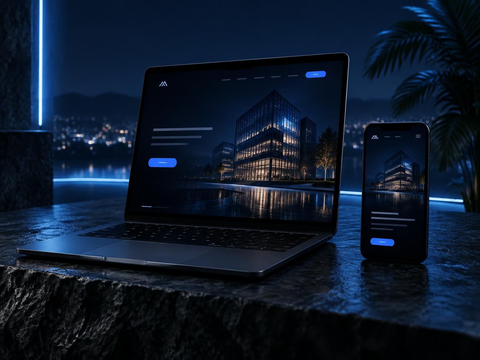Laptop and phone showing a modern business website on a dark stone surface